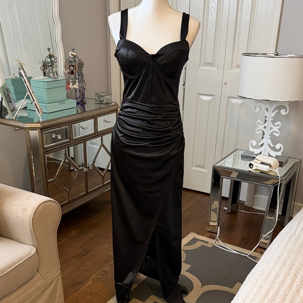 Elegant Black Satin Ruched Maxi Dress - Haute Monde Sz Lg NWT